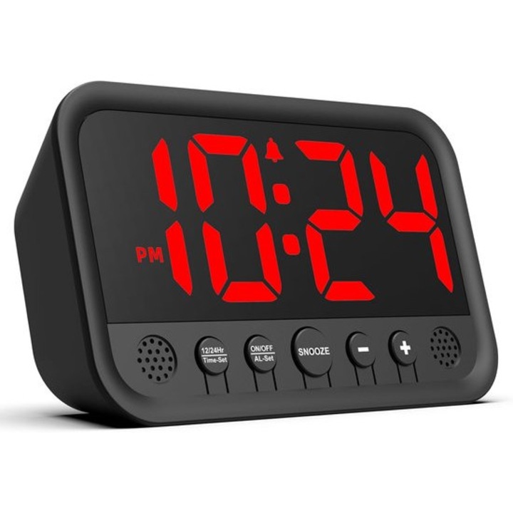 Kis LED digitális óra, állítható hangerő, piros, 3.8cm, 12/24h, 2xAAA, USB-C
