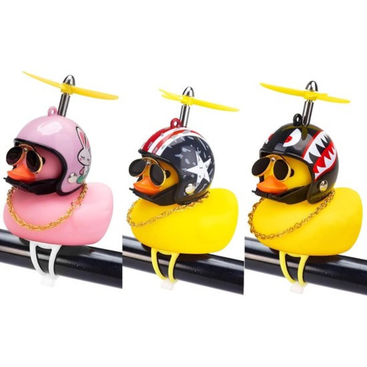 Sonerie bicicleta set 3 piese, decor rata, lumina, elice, galben, 6.4x12.7cm