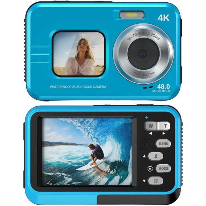 Подводна камера 4K, двоен екран, автофокус, синя, 3.5м, 32GB