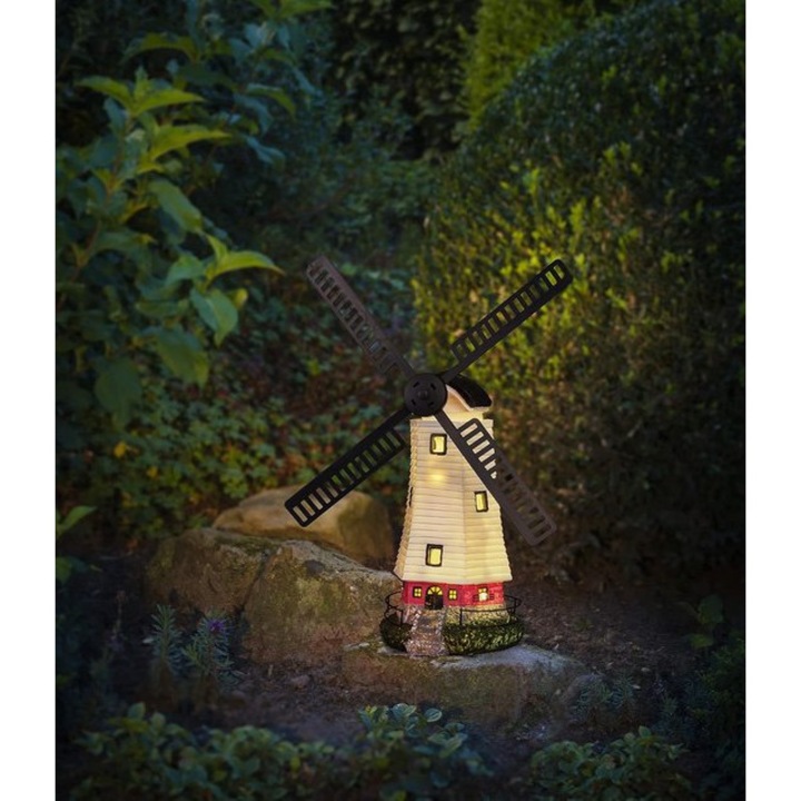 Lampa solara de gradina, moara de vant decorativa, alb-negru, 53cm