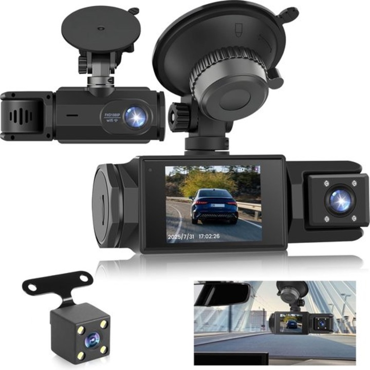 Vezeték nélküli autós kamera, 3 csatornás, Full HD 1080P, 2" IPS kijelző, éjjellátó, 32GB, fekete