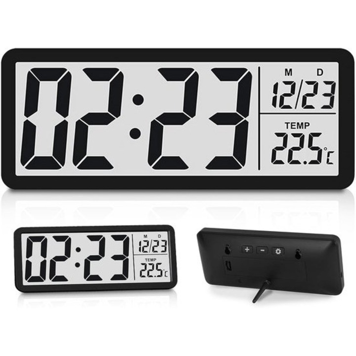 Digitális falióra, LCD, hőmérséklet és dátum, 12/24h, 20x8x2cm