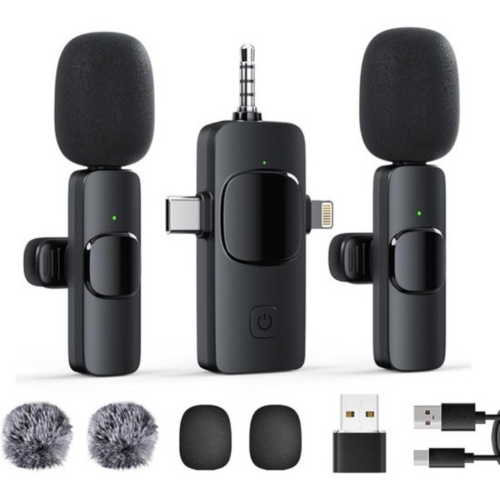Vezeték nélküli USB-C lavalier mikrofon, zajszűrés, fekete, 6 óra üzemidő