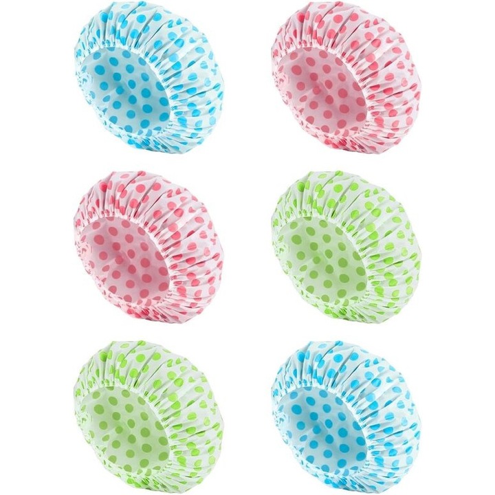 6 db újrafelhasználható vízálló zuhanysapka készlet, 28 cm, gumis, műanyag, Eco Cap