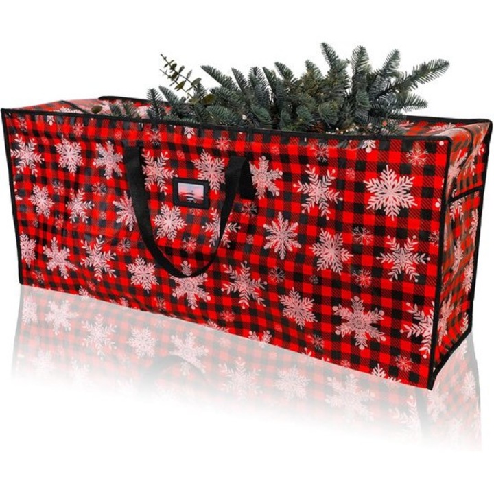 Műfenyő tárolózsák 120x50x38cm piros-fekete cipzárral és fogantyúkkal