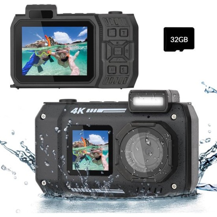Спортна видеокамера 4K с двоен екран за селфи, черна, 32GB, 2500mAh, 10м водоустойчива