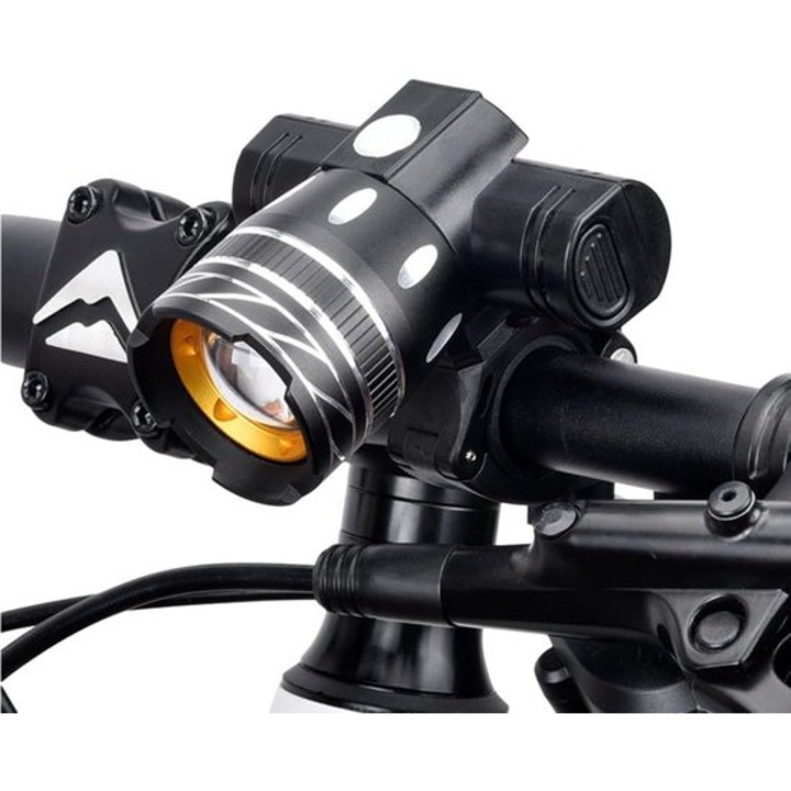 Lumina bicicletă USB 2000mAh LED puternic rezistent negru