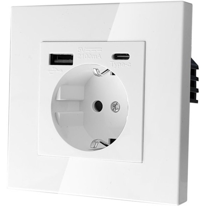 Beépíthető aljzat USB és Type-C porttal, fehér, 8.5x8.5cm, üveg