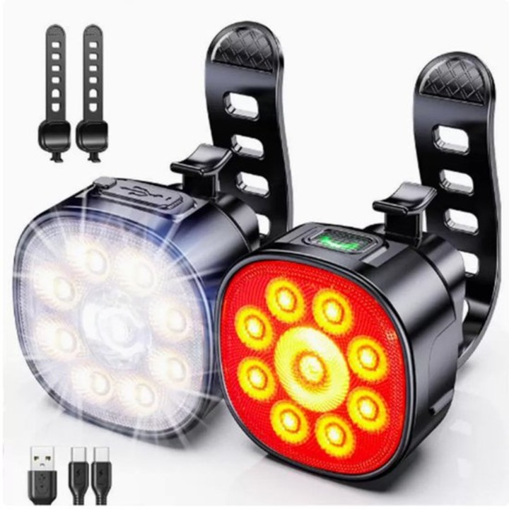 Kerékpár lámpák, 8+12 mód, USB újratölthető, LED, IP65 vízálló