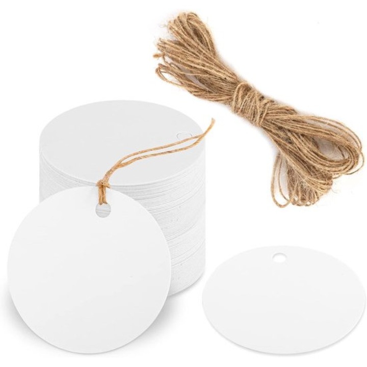 Kerek kraftpapír címkék, 50 db, fehér, 5.5 cm, 10 m jutazsinórral, szett