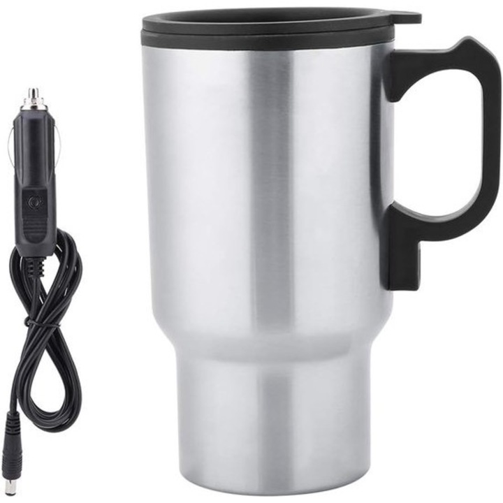Autós termosz bögre 12V, rozsdamentes acél, 450ml, fekete