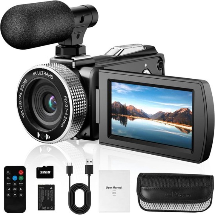 4K 48MP videokamera, 4K 60FPS felvétel, vlogolás, fekete