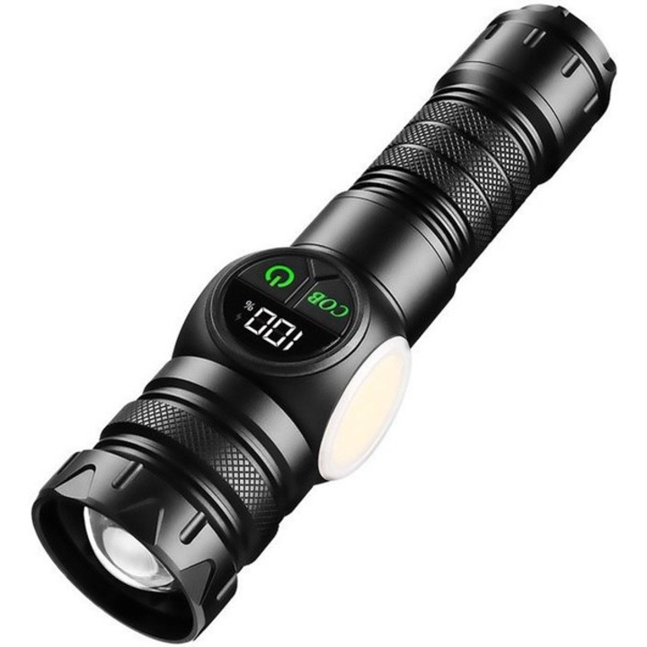 Taktikai LED lámpa, USB töltés, COB oldalsó fény, zoom, fekete
