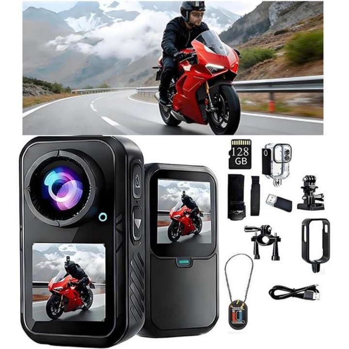 Sport mini videókamera kettős kijelzővel, EIS stabilizációval, Wi-Fi vezérléssel, 5k, 128GB