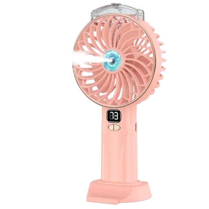 Hordozható ventilátor permetezővel, 25ml, rózsaszín, 4000mAh, 5 sebesség, USB-C, 15x7x3cm
