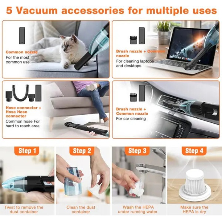 Vezeték nélküli hordozható porszívó, kompakt, 2x2000mAh, HEPA szűrő, multifunkcionális, fehér