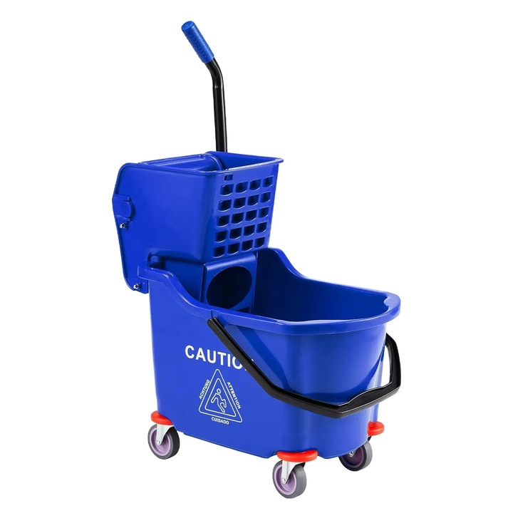 Galeata mop comerciala 32 l, cu storcator lateral tip wringer, plastic PP rezistent, carucior curatenie industriala, pentru hotel si birou, albastru