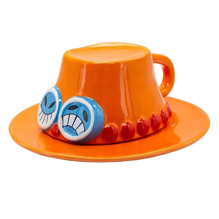 Anime kávéscsésze, csésze és csészealj szett, 3D kalap alakú dombormű, rajzfilm design, fehér porcelán, 220–250 ml, eredeti ajándék, narancssárga