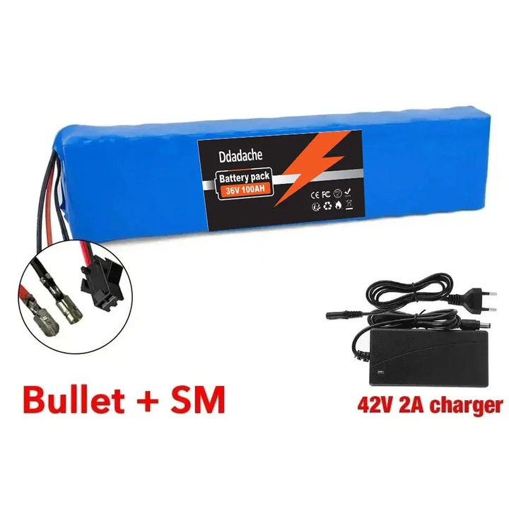 Set acumulator 36V litiu-ion, baterie 10S3P cu incarcator pentru trotineta electrica, capacitate 100Ah, pentru motoare 150–500W, conector Bullet-SM, Bullet-SM-charger