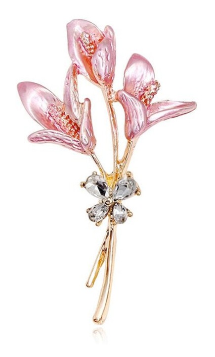 Brosa din aliaj emailat cu cristale, model floare (liliac), auriu/roz, 3.5 x 6.2 cm