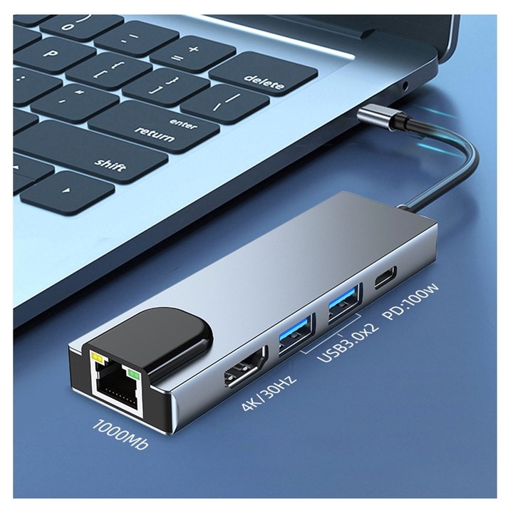 Hub 5 az 1-ben Type-C HDMI USB3.0 RJ45 PD szürke 103x33x11mm