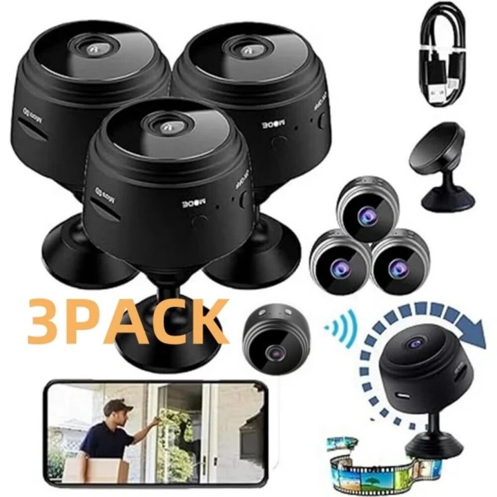 3 db vezeték nélküli 1080P megfigyelő kamera szett, fekete, 2.4x4.4cm