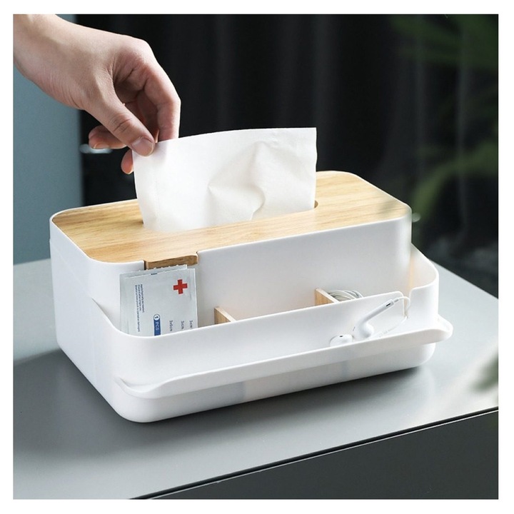 Cutie pentru servetele cu suport telefon, organizator birou, alb, 23.8x17.5x10.2cm