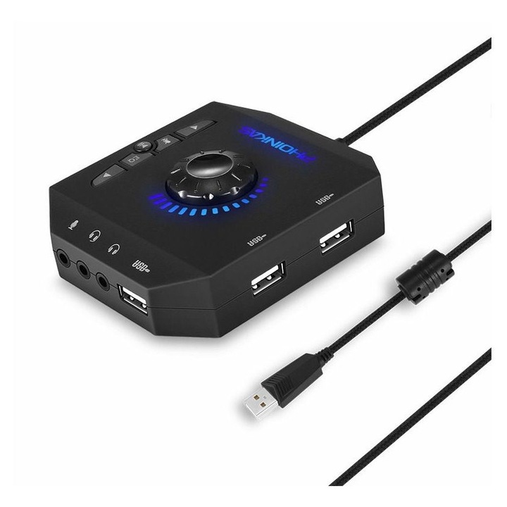 Külső USB hangkártya, 6 az 1-ben audio adapter, fekete, 4 láb kábel