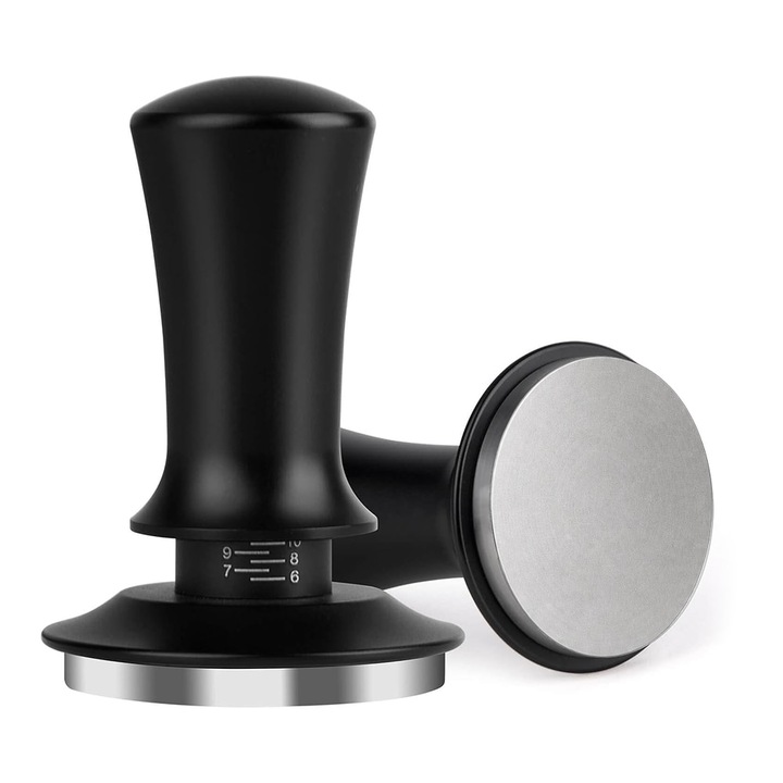 Sosar professzionális állítható tamper eszpresszóhoz, 51mm átmérő, állítható mélység 6-14mm, rozsdamentes acél alap, egyenletes nyomás az optimális extrakcióért, fekete