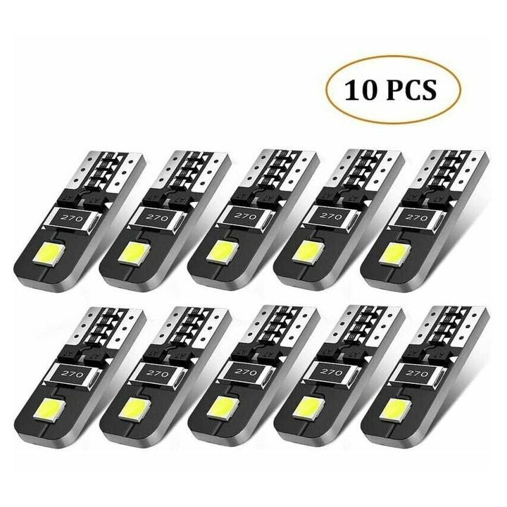 Комплект от 10 LED крушки T10 12V 6000K студено бяло 2835, компактни размери