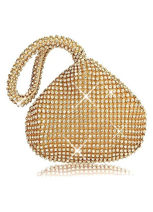 Női estélyi táska, háromszög alakú clutch, strasszokkal, arany, 17x12x6 cm