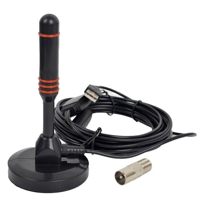 Antena TV portabila digitala HD, interior-exterior, compacta, neagra, 5m cablu