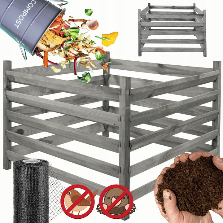 Compostor lemn Wamar-Sosenka 600L impregnat verde 70x100x100cm set cu plasa protectie