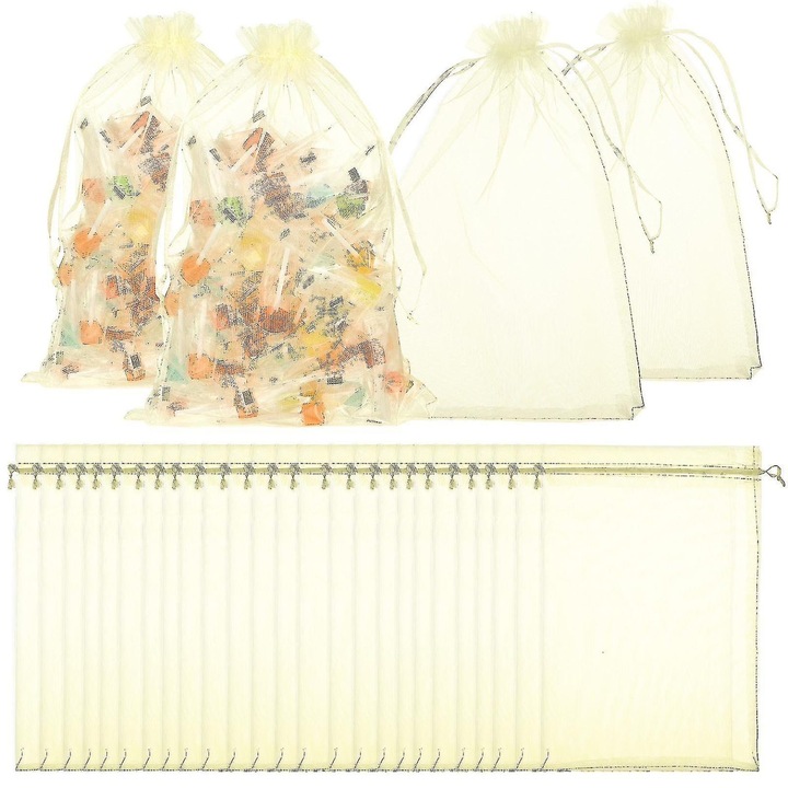 50 db bézs organza tasak szett, 20x30cm, húzózsinórral, átlátszó