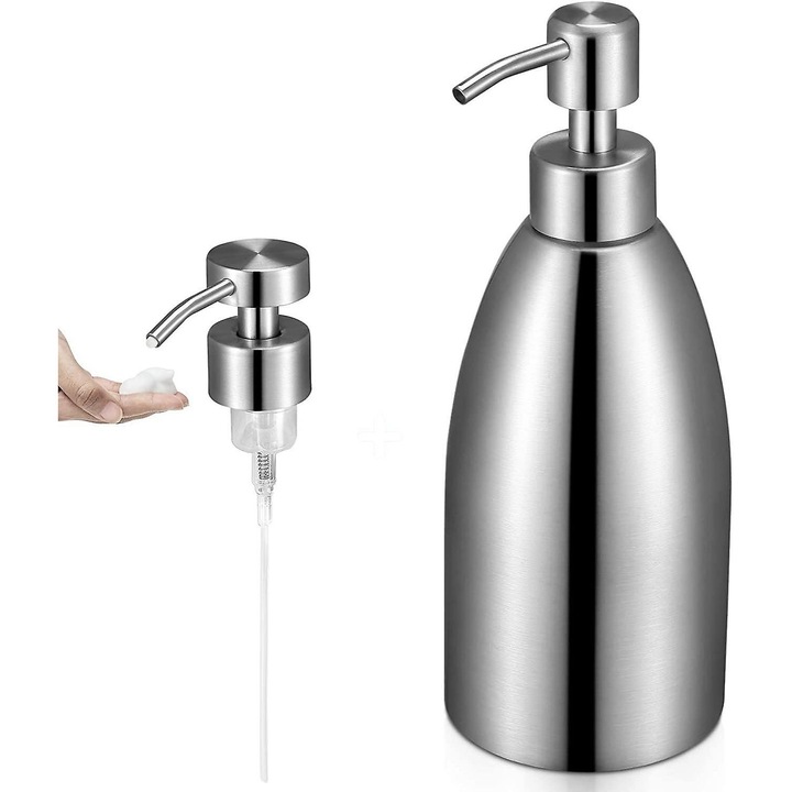 Dispenser sapun inox 500ml, capac spuma, argintiu, 7.5x19.5cm