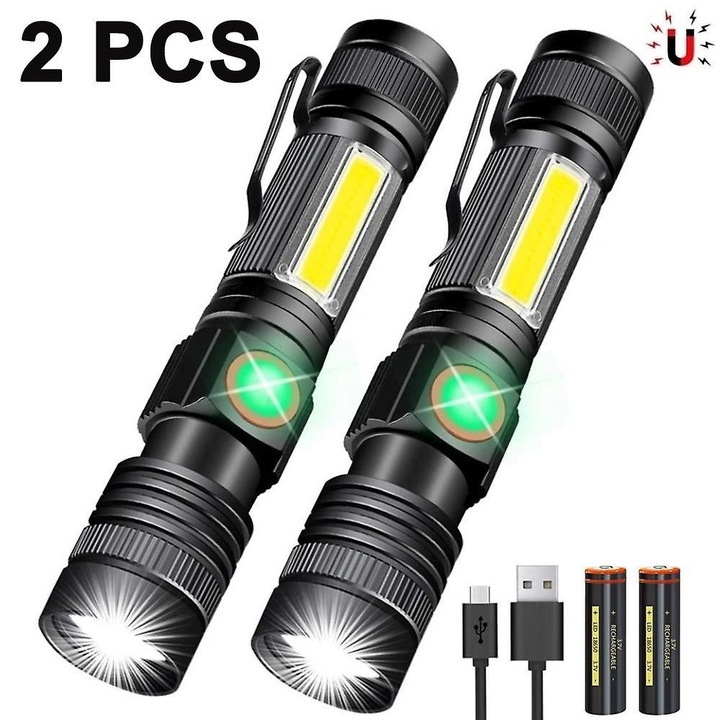 Taktikai zseblámpa 3in1, UV LED, fekete, 15x2.8cm, 2 darabos szett