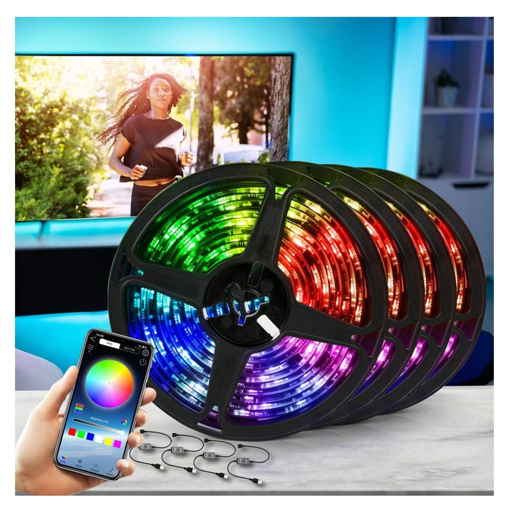 4 db RGB 5050 LED szalag készlet, 5m, fekete, rugalmas, vízálló, USB, Bluetooth, alkalmazásvezérlés