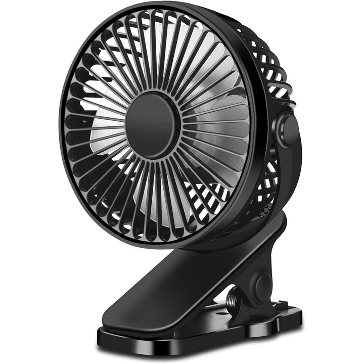 Hordozható ventilátor csíptetővel, 3 sebességes, újratölthető, fehér, mini, 360°-ban forgatható, 18650, USB, 8 óra üzemidő