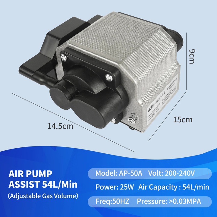 Pompa Air Assist pentru gravare laser, AP50 compresor, 54 L/min, 25 W, 220 V, Viteza reglabila, Pompa de oxigen pentru acvariu