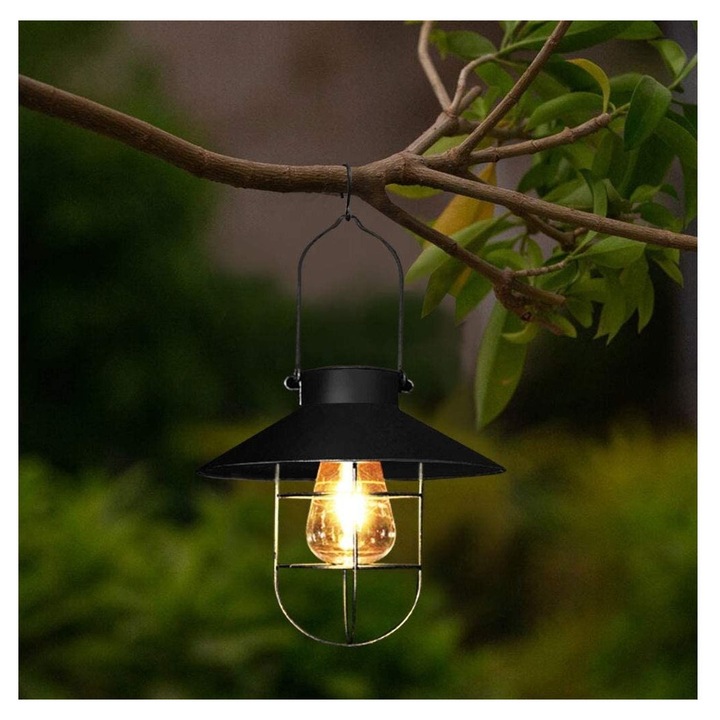 Függeszthető napelemes lámpa, vintage, LED, meleg fehér, vízálló, kampóval