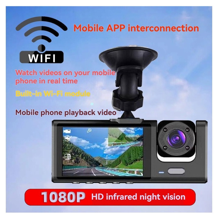 Camera auto DVR K0369-0715-EMAG-WG136338, 3 camere (fata/interna/spate) 1080P HD, Wi-Fi, vedere nocturna IR, unghi 170°/120°/110°, ecran 2", suport microSD pana la 128GB, negru