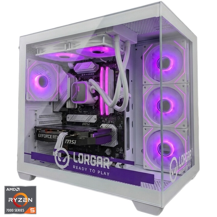 Настолен компютър Gaming LORGAR ADVANCED A201, AMD Ryzen™ 5 7500F до 5.0 GHz, Течно охлаждане, 32GB DDR5, 1TB SSD, NVIDIA® GeForce RTX™ 5060 Ti 16GB, No OS, White