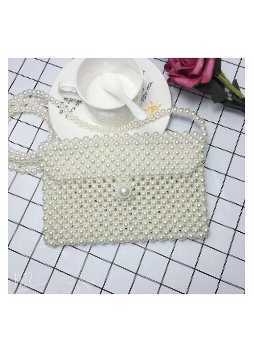 Fehér gyöngyös válltáska, gyöngyös clutch, fehér, 16.5x3x10.5cm, lánc 110cm