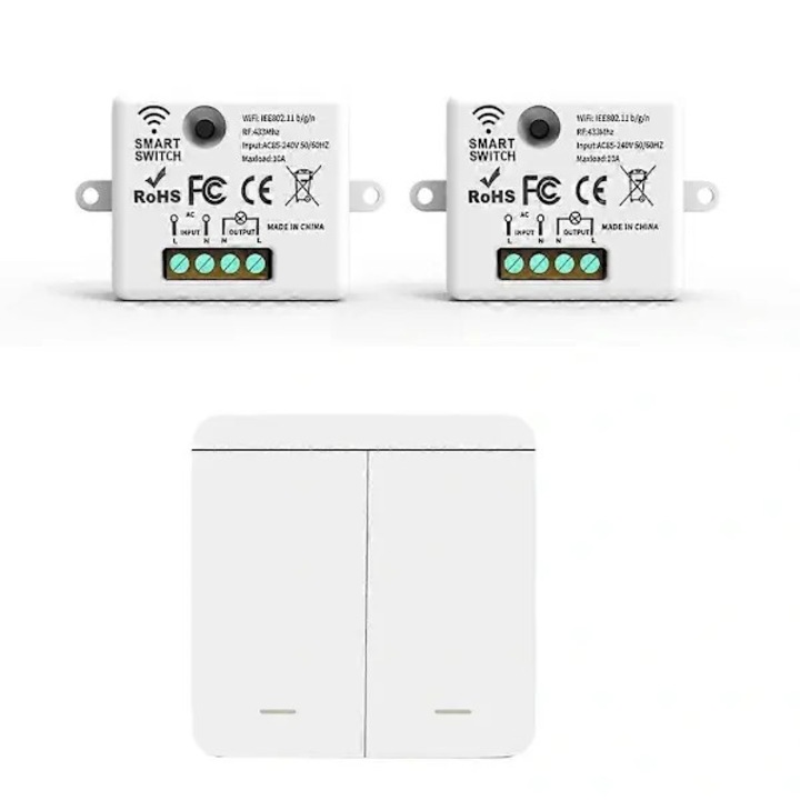 Vezeték nélküli fali kapcsoló szett, 2 csatornás, műanyag, fehér, 433MHz, 2x vevő, 1x panel, 10x7x3cm