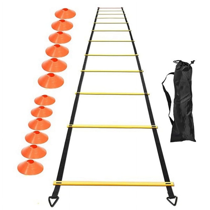 Agilitási létra szett 6m, 12 db sárga-narancssárga edzőkoronggal 19x5cm