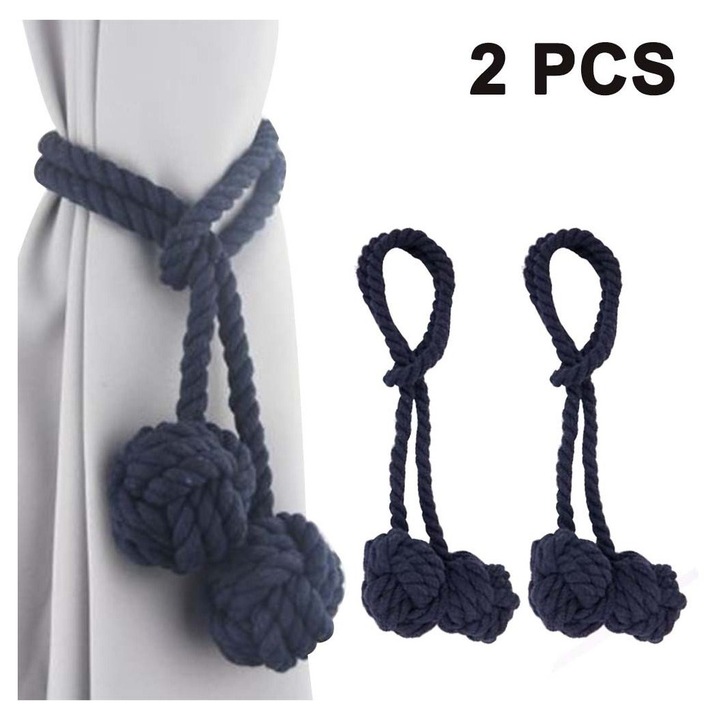 Set 2 accesorii prindere perdea bumbac, dublu minge, cyan, 117x6.5cm