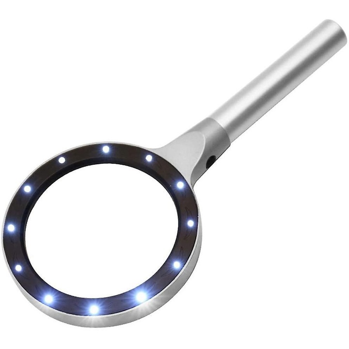 Lupa portabila iluminata 5x 10x cu LED-uri, maner detasabil, sticla clara, 3.3 inch