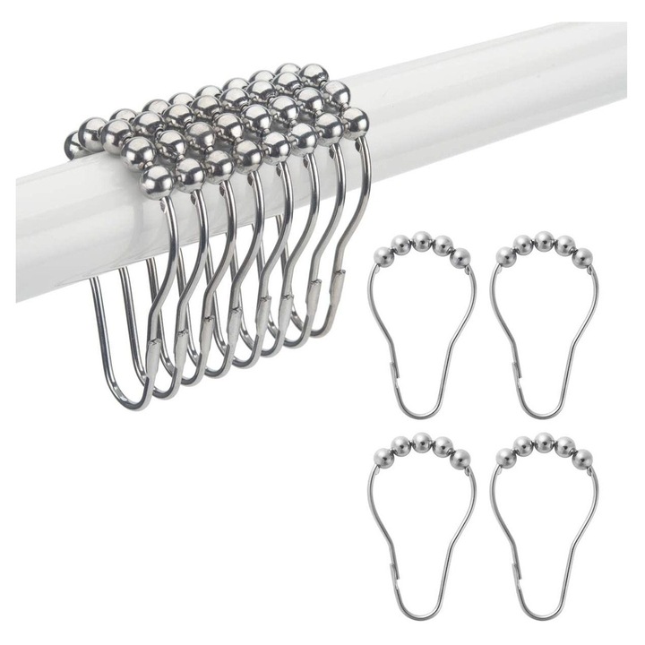 Set 12 carlige metalice rezistente la rugina pentru perdea de dus, crom