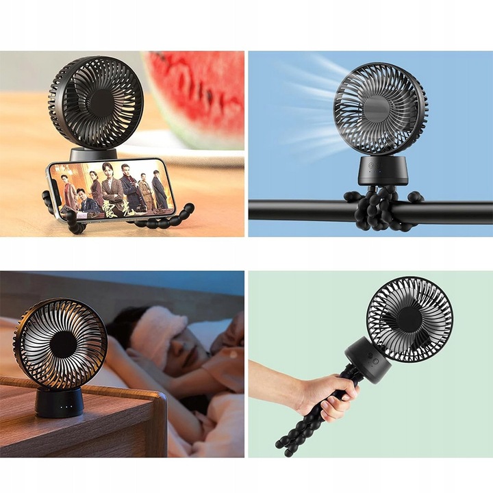 Ventilátor USB 10000mAh akkumulátorral, 3 sebességfokozat, fekete, 35x13.5cm, rugalmas állvánnyal