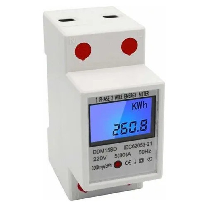 Contor electric monofazat 580A, afisaj LCD iluminat, montaj pe sina DIN, 99999.1 kWh